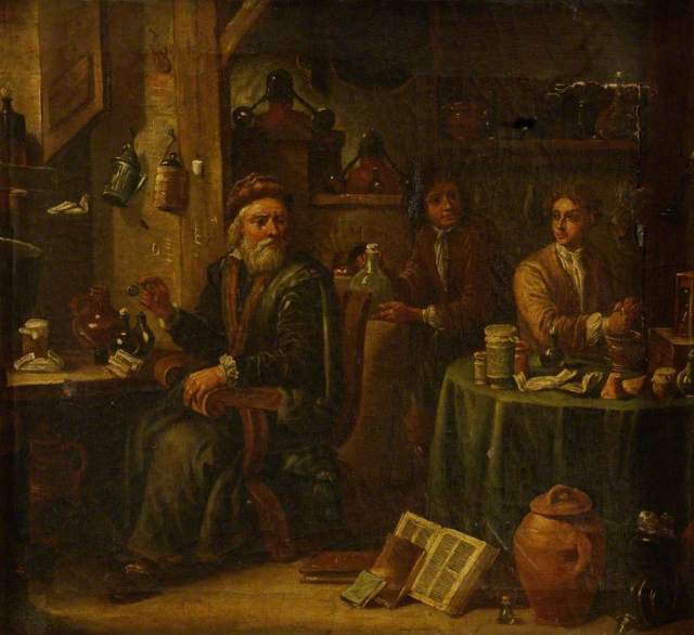 Unknown artist: Chemist or Pharmacist in His Laboratory, with Assistants and Apparatus (c) Museum of the History of Science; Supplied by The Public Catalogue Foundation