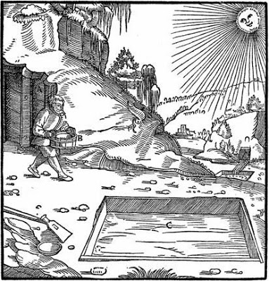 The recovery of copper from vitriolated waters, from De Re Metallica, 1556, by Agricola (Georg Bauer).