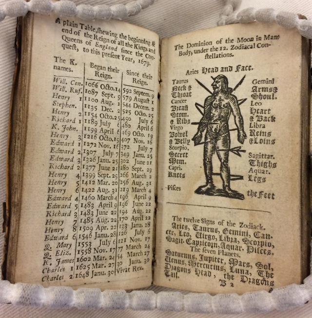 Zodiac man in EPB/61971/A: Goldsmith, 1679. An almanack for the year of our Lord God, 1679 (London: Printed by Mary Clark, for the Company of Stationers, 1679), leaf B2 recto. Image credit: Elma Brenner.
