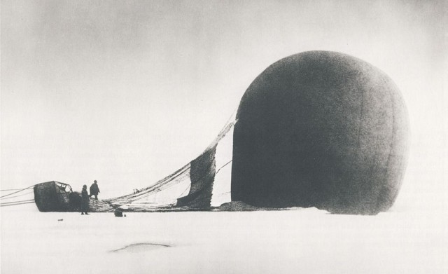 S. A. Andrée and Knut Frænkel with the crashed balloon on the pack ice, photographed by the third expedition member, Nils Strindberg