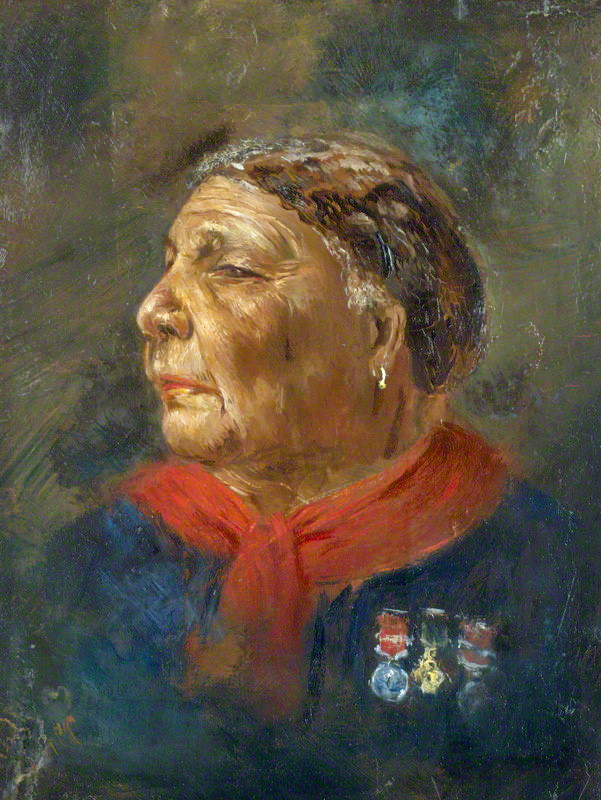 portrait of Mary Seacole (1805–1881), c.1869, by otherwise unknown London artist Albert Charles Challen (1847–1881). Original held by the National Portrait Gallery in London. Source: Wikimedia Commons