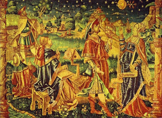 French tapestry from the early 16th century depicting muse Astronomia consulting with an astronomer, possibly Ptolemy. 