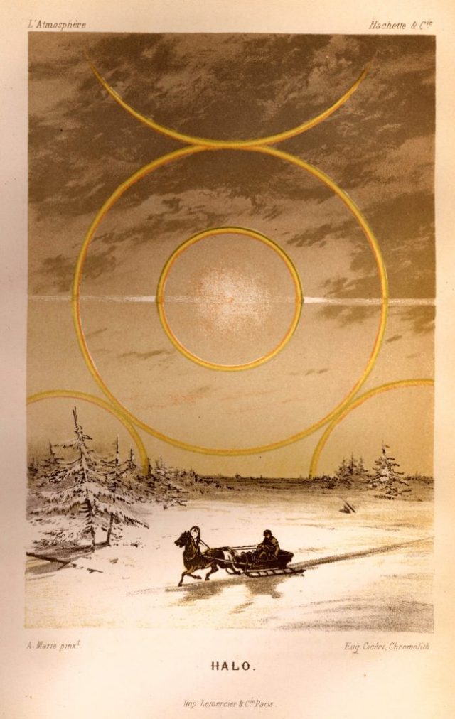 Solar halo in northern latitudes caused by ice crystal refraction. In: L’Atmosphère by Camille Flammarion, 1872. Library Call No. M0030 F581a 1872. NOAA Photo Library