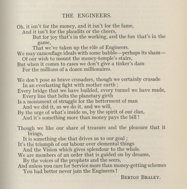A gem of a poem, 'The Engineers' by American poet Berton Braley, from the journal of the Society of Engineers, 1920 – IET Library Archives