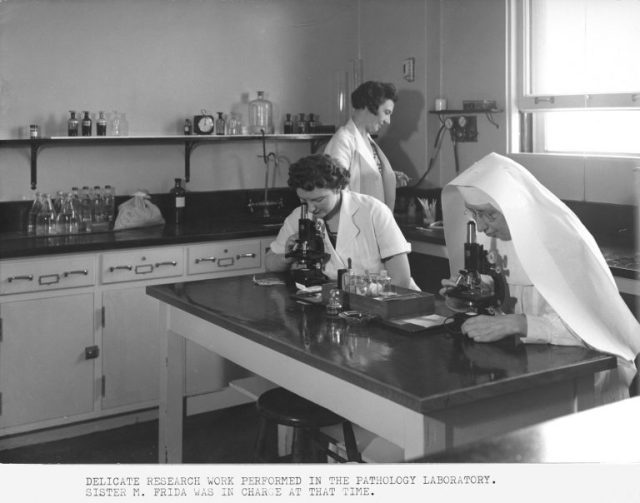 Sister M. Frida and researchers in the Pathology Laboratory, circa 1939. St. Joseph College of Nursing collection.
