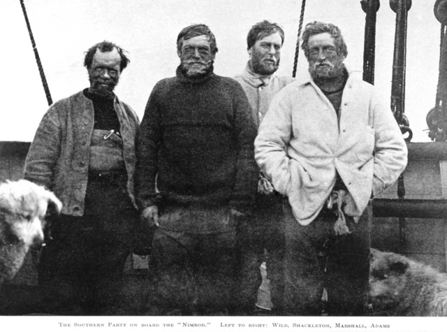 Nimrod Expedition South Pole Party (left to right): Wild, Shackleton, Marshall and Adams.