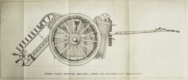 An 1843 patent drawing of a horse-drawn machine for sweeping streets, from a pamphlet in Royal Institution collections